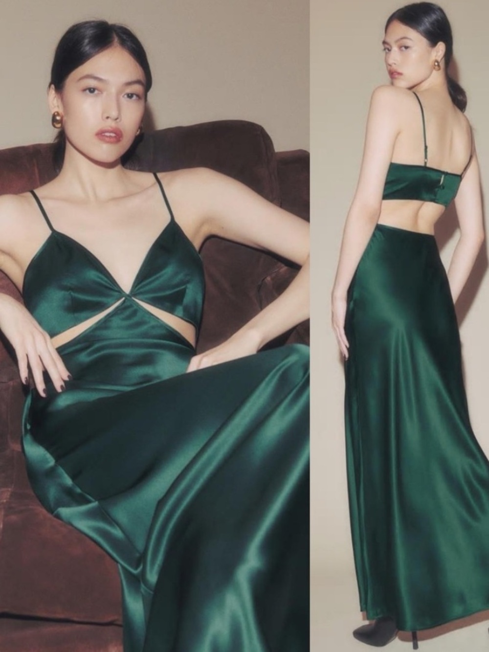 Reformation Poppies Forest Green Satin Slip Dress with Cutout / Size 12 / NWT